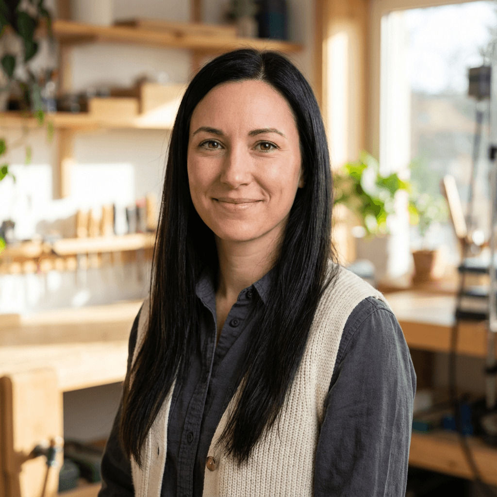 Sylvie Tremblay reading a financial guide in a bright home office