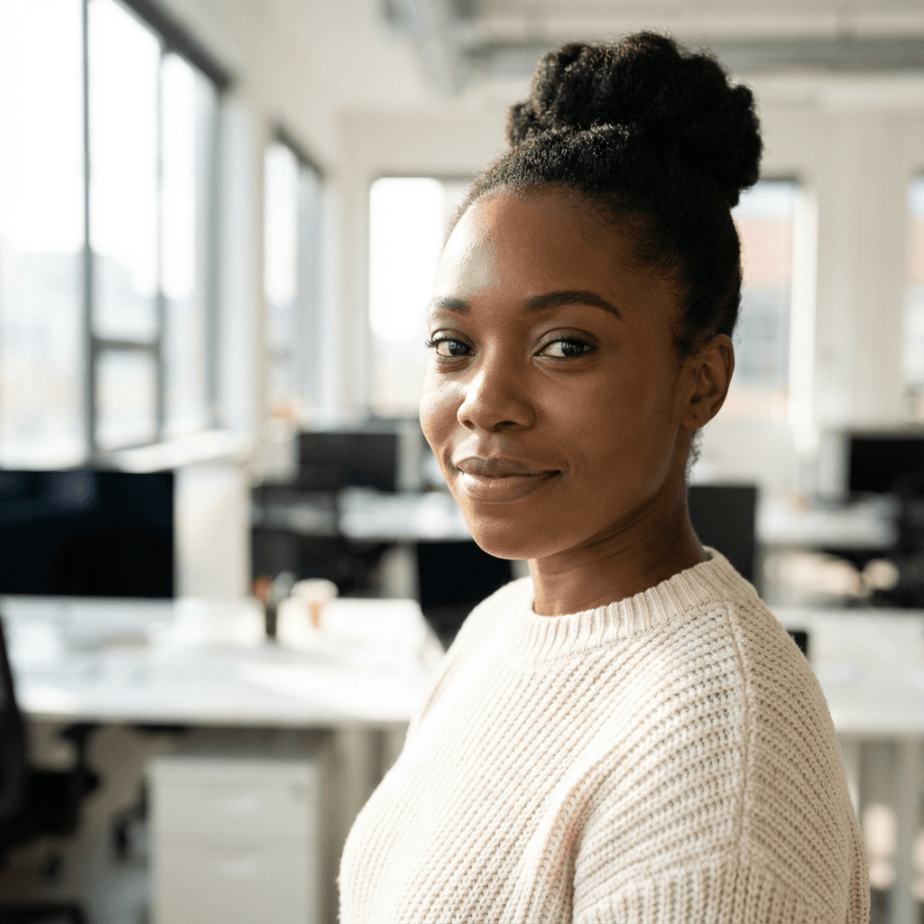 Amara Okafor in a modern office environment