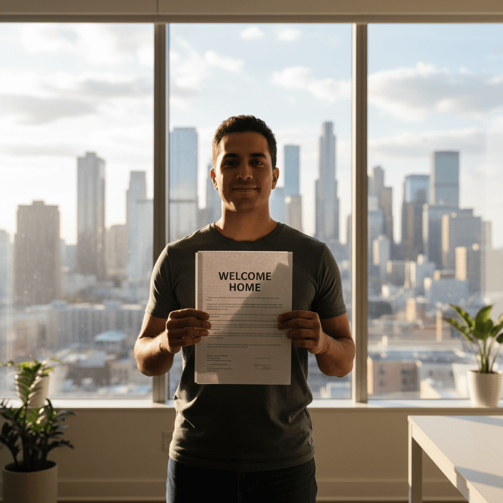 New resident holding documents near a bright window with a city skyline