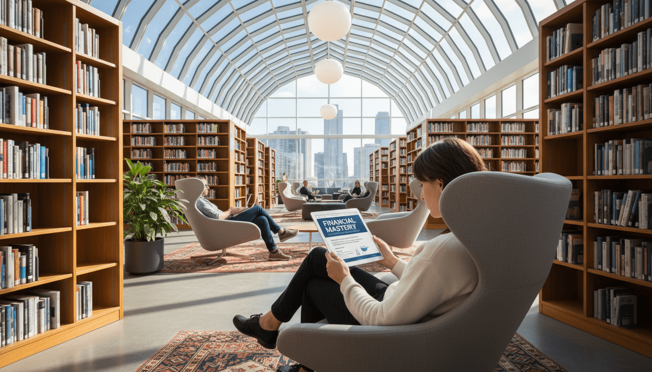 Person reading a financial guide on a tablet in a bright, modern library