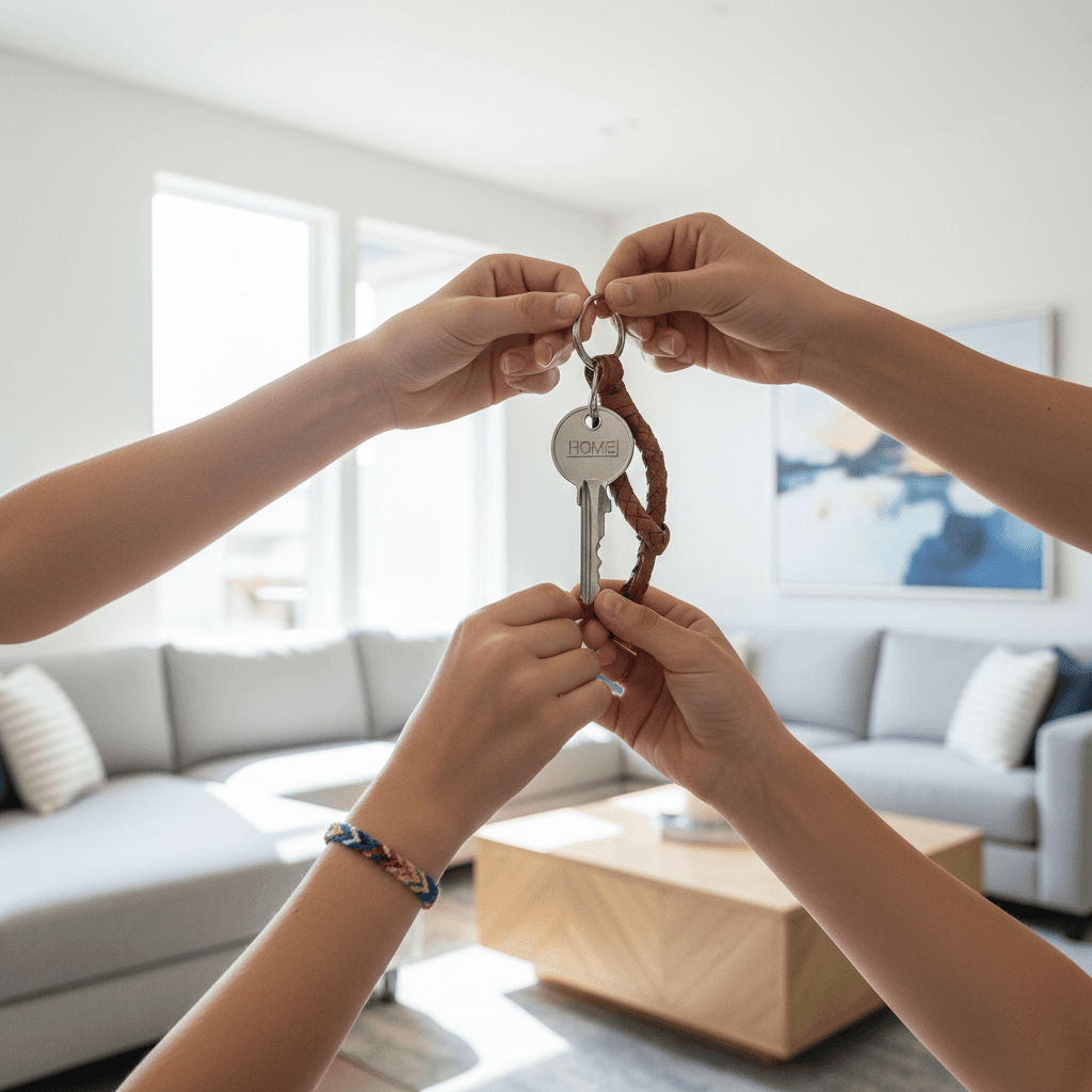 Close-up of hands holding house keys in a bright, modern living room