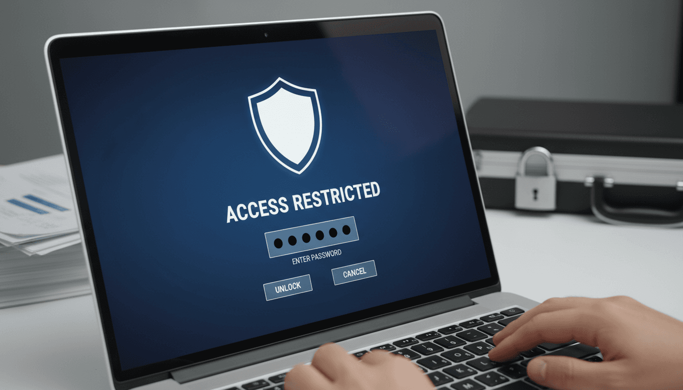 Laptop displaying a secure financial dashboard with documents and charts