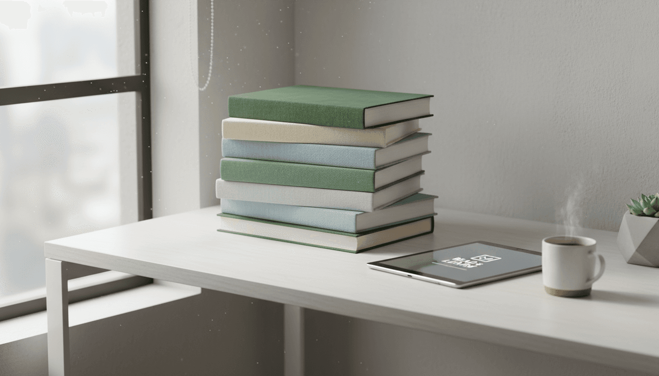 Books and tablet on minimalist desk bathed in soft natural light.