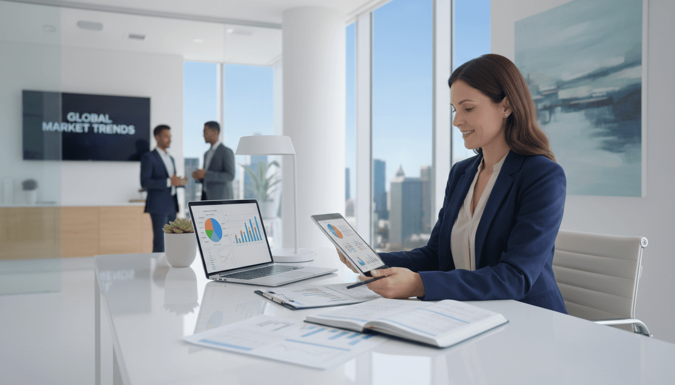 Financial advisor in a bright, modern office reviewing documents