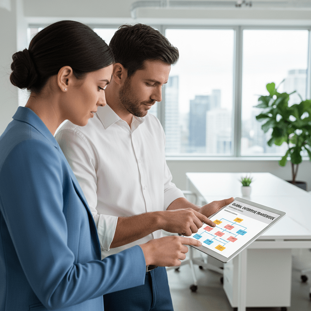 Professionals reviewing corporate structure diagram on tablet in office