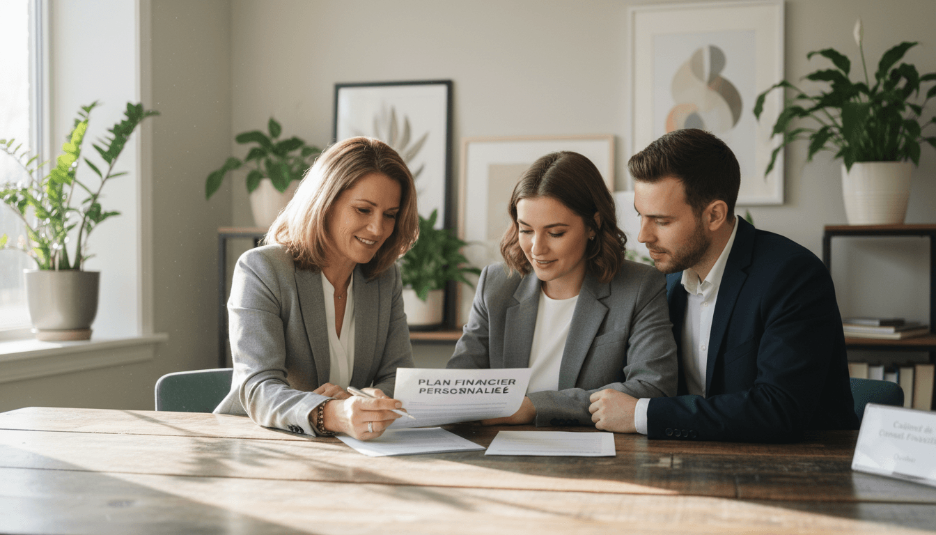 Financial advisor reviewing a financial plan with a newcomer couple in a bright Quebec office
