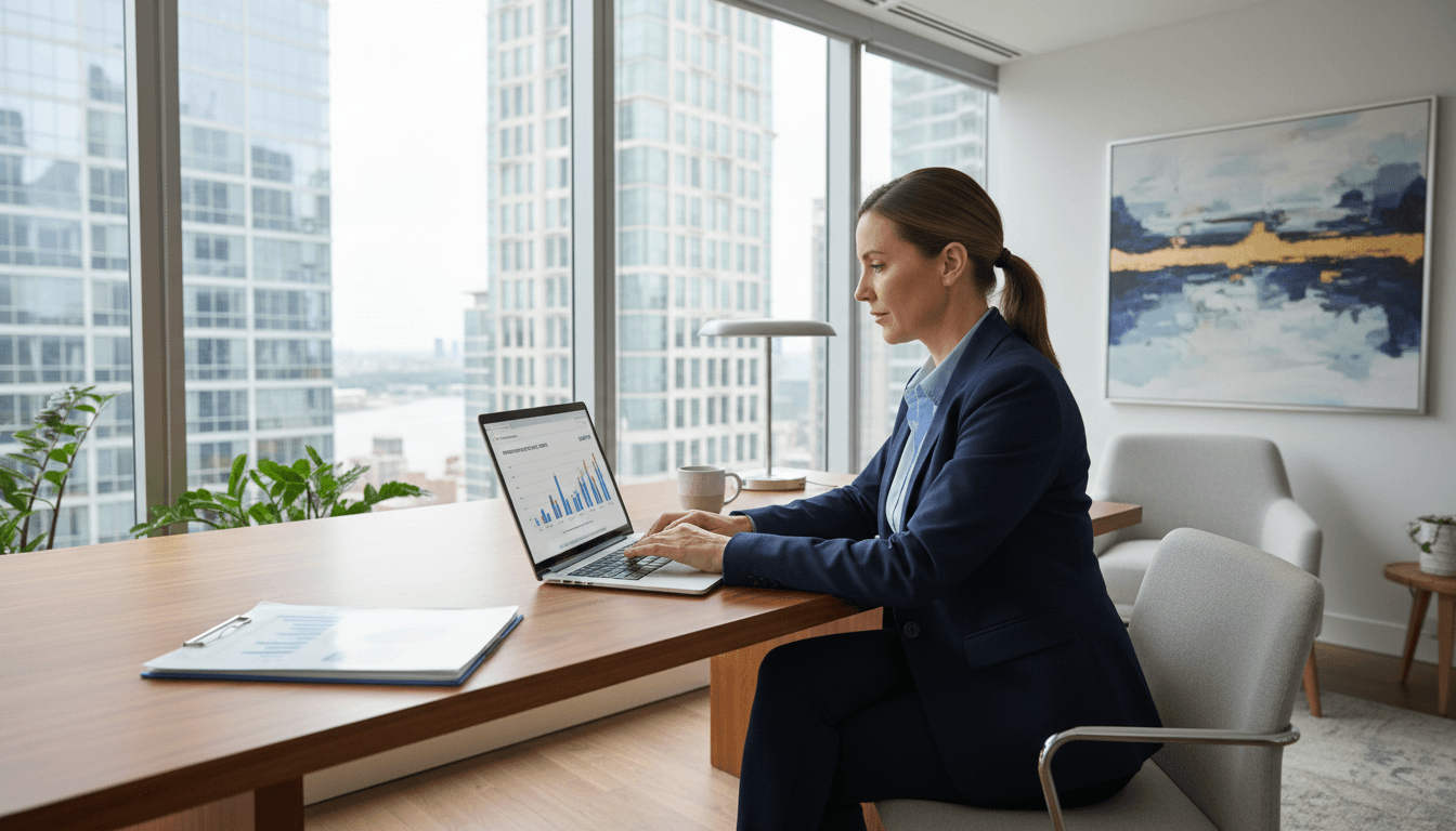 Financial advisor working on a laptop in a bright modern office