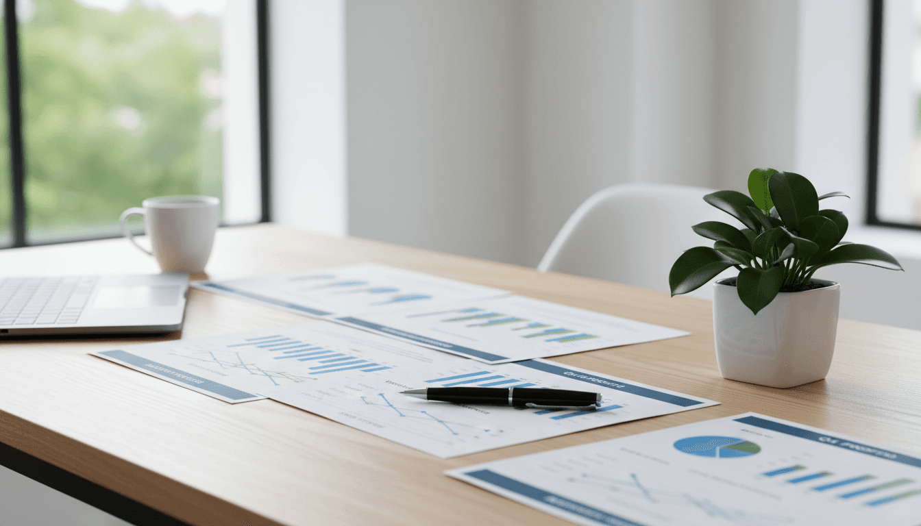 Financial charts and documents arranged on a desk with a small plant