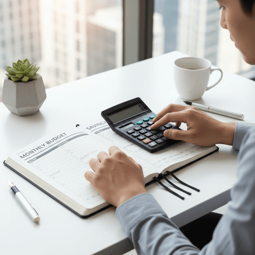Person reviewing a budget planner with a calculator at a clean desk
