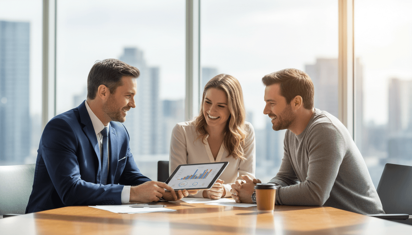 Financial advisor discussing plans with a couple in a bright Quebec City office