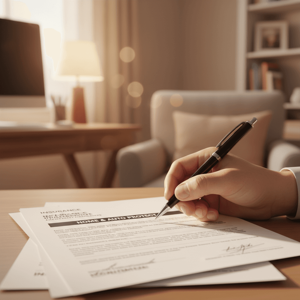 Hand holding pen over insurance policy document