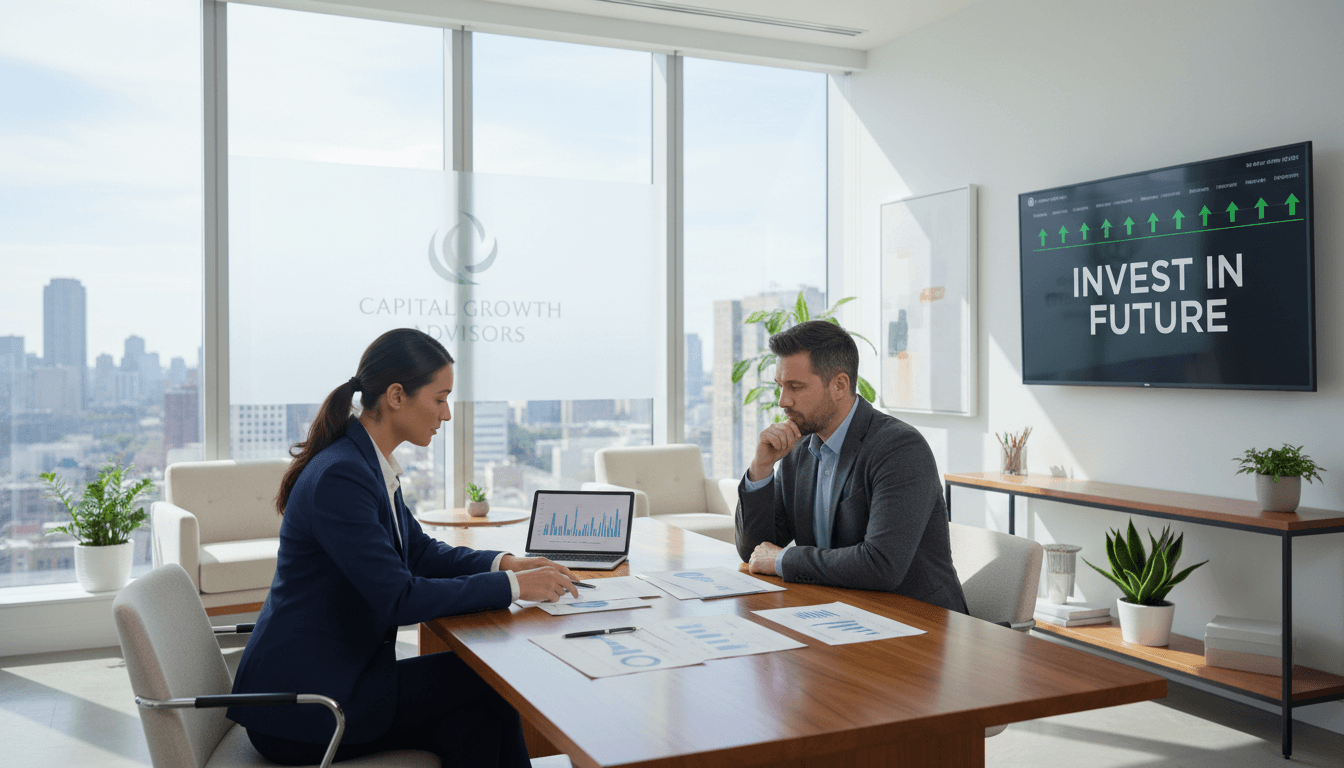 Financial advisor reviewing documents with a client in a modern office