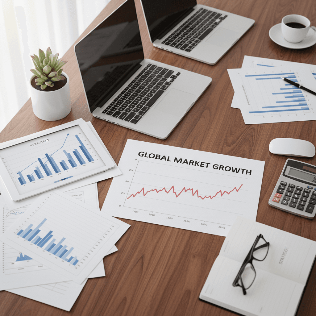 Financial charts and documents arranged on a desk with a small plant
