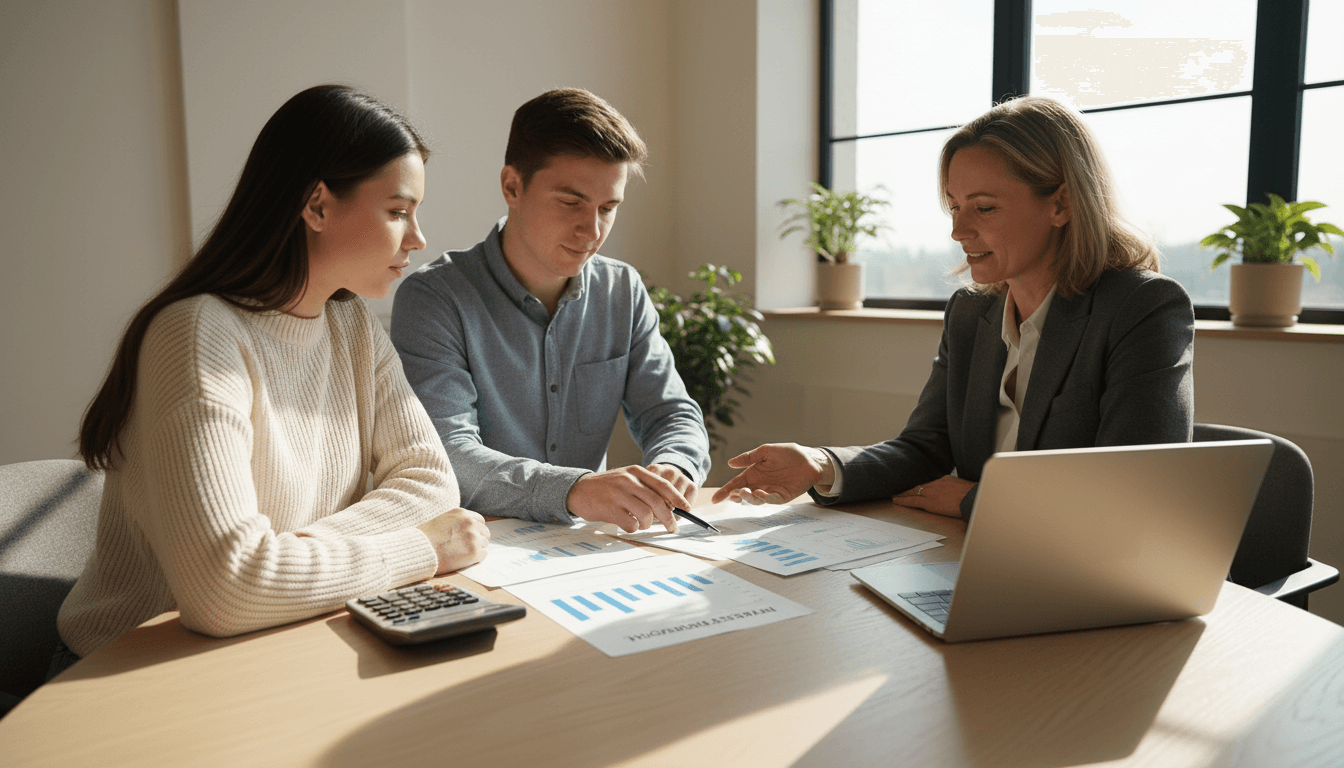 Advisor reviewing mortgage documents with a couple at a bright desk