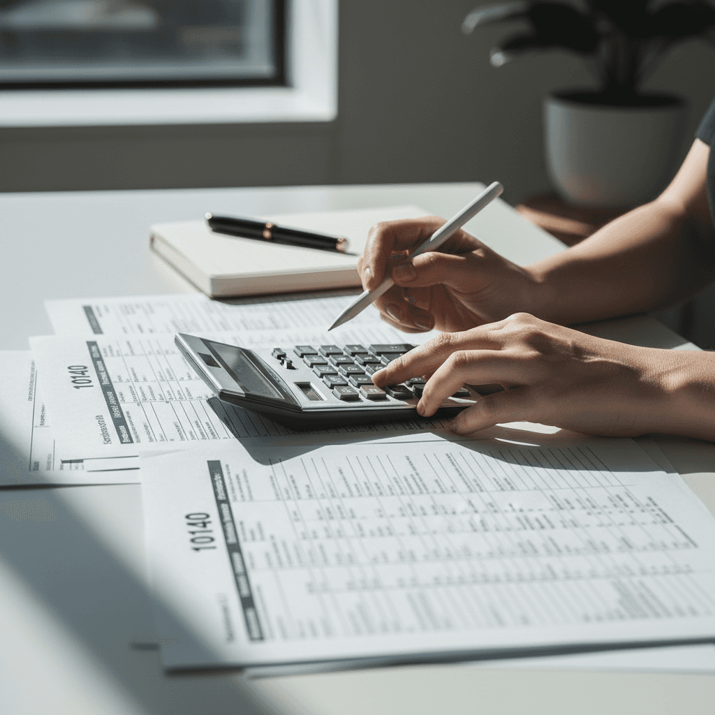 Financial advisor reviewing tax documents with calculator on desk