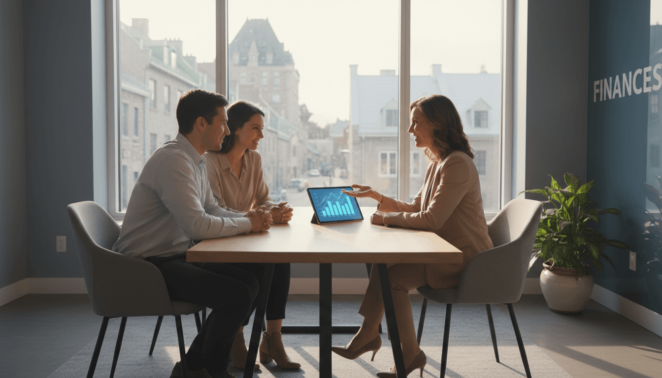 Financial advisor meeting with a newcomer couple in a bright office