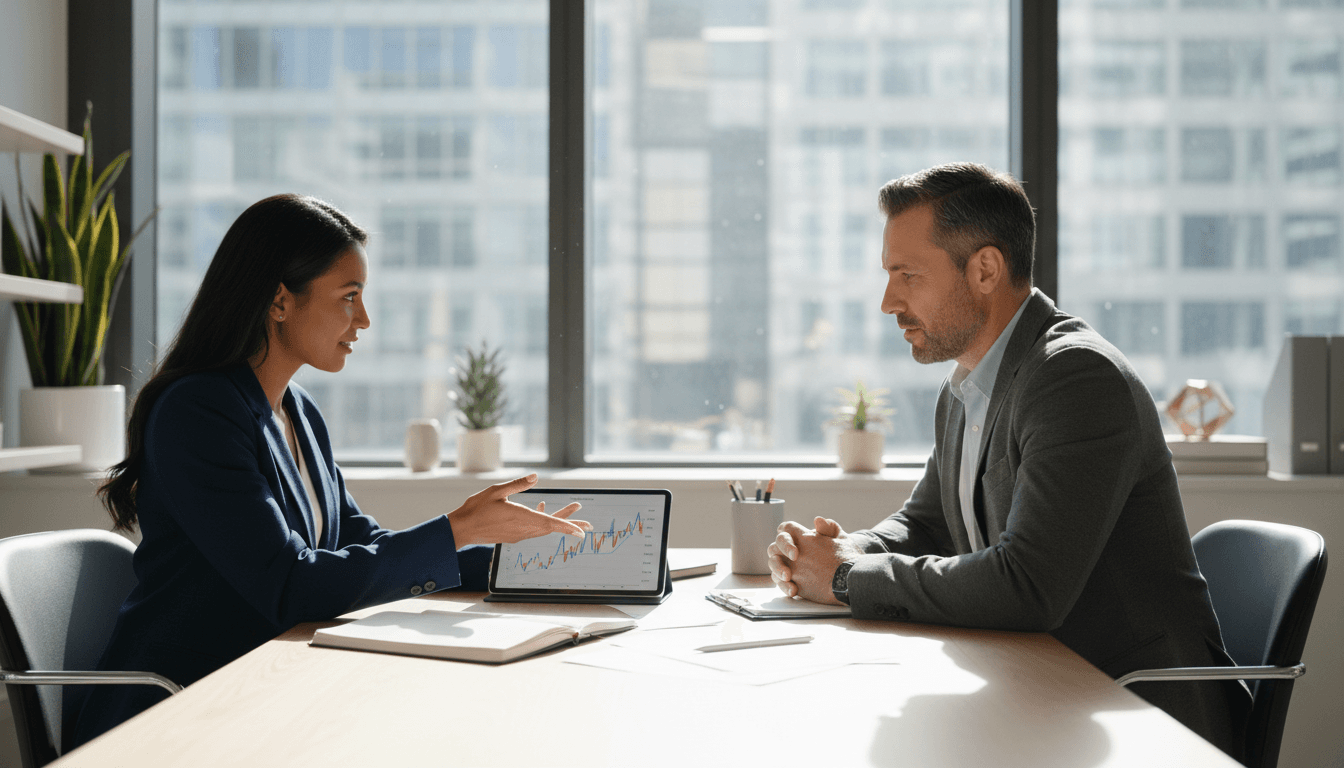 Financial advisor reviewing investment documents with a client in a sunlit Quebec City office