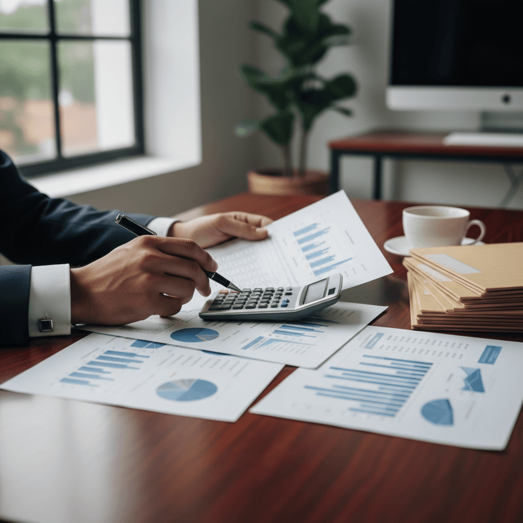Entrepreneur reviewing financial documents in a bright modern office overlooking the city
