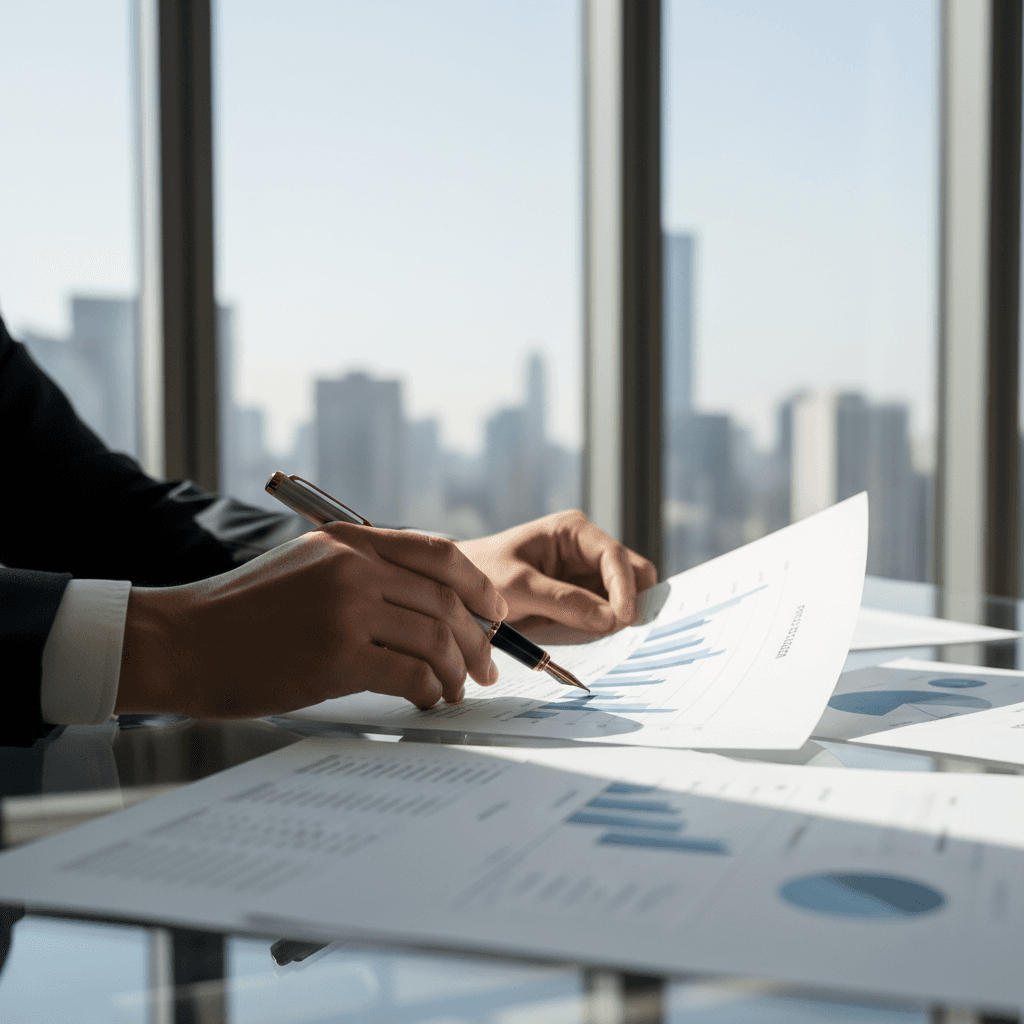 Financial documents on a desk with a pen, overlooking a Quebec cityscape from an office window