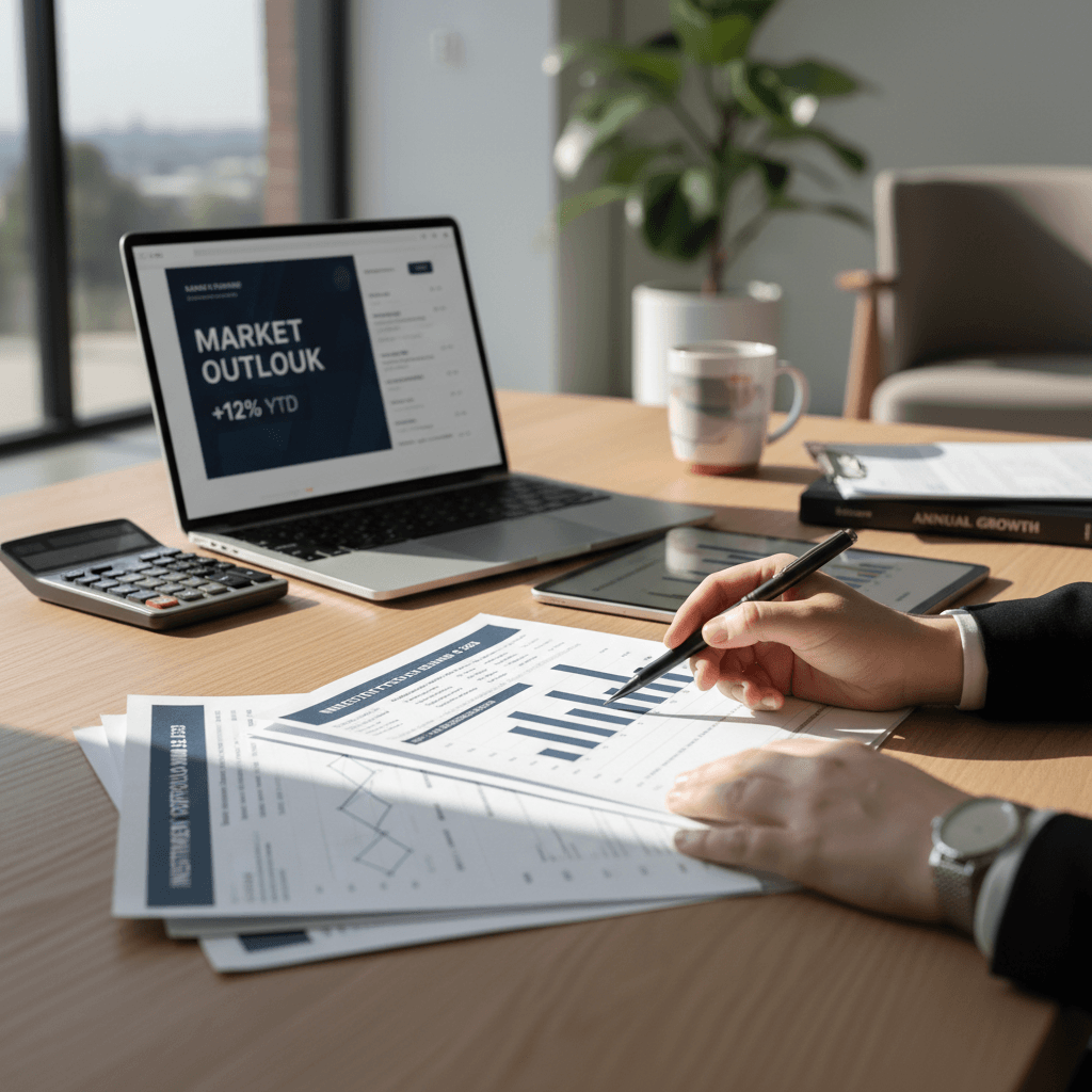 Financial advisor's hands with a notebook and calculator on a clean desk in soft natural light