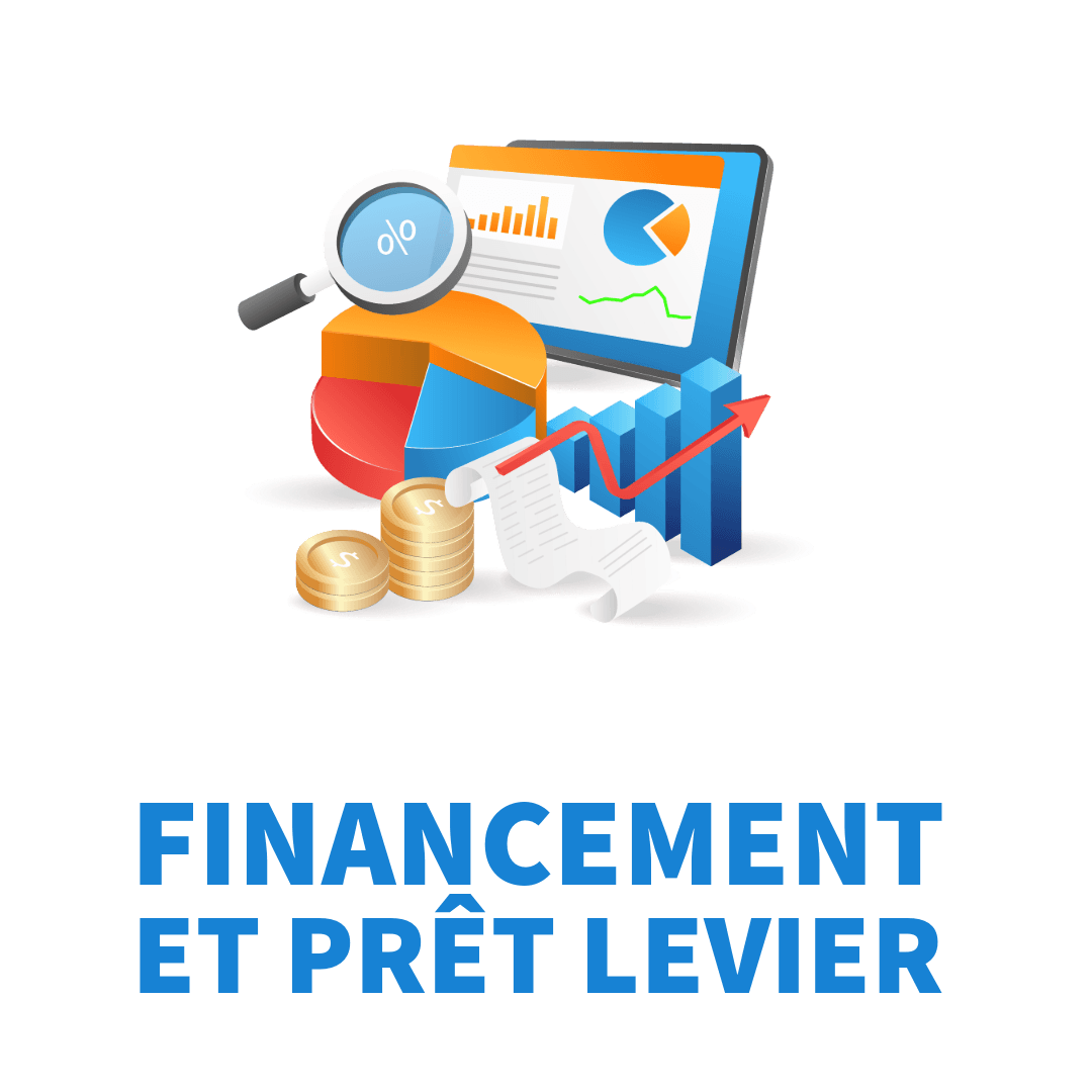 3D financial charts, coins, and magnifying glass above the text FINANCEMENT ET PRÊT LEVIER.