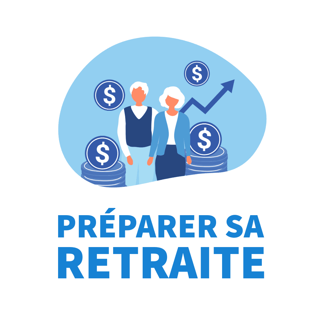 Senior couple with dollar coins and growth arrow above French text PRÉPARER SA RETRAITE.