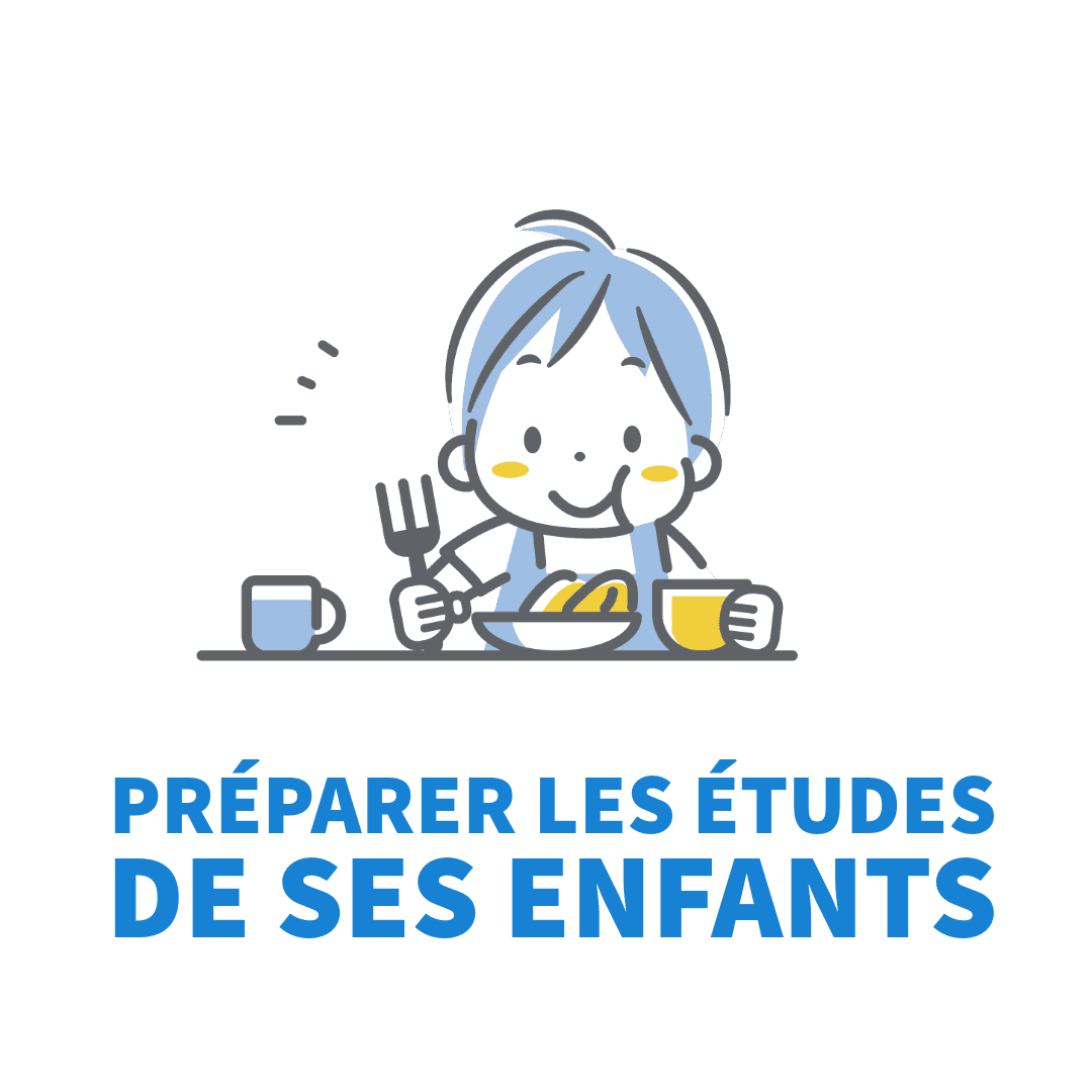 Illustration of a child eating with French text about preparing for children's studies.