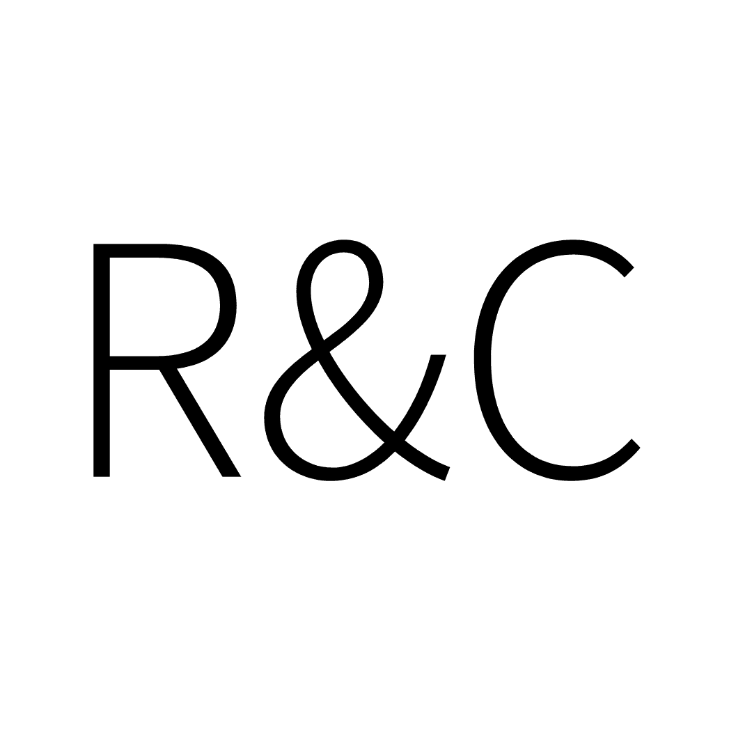 Black text "R&C" in a thin, minimalist sans-serif font centered on a white background.