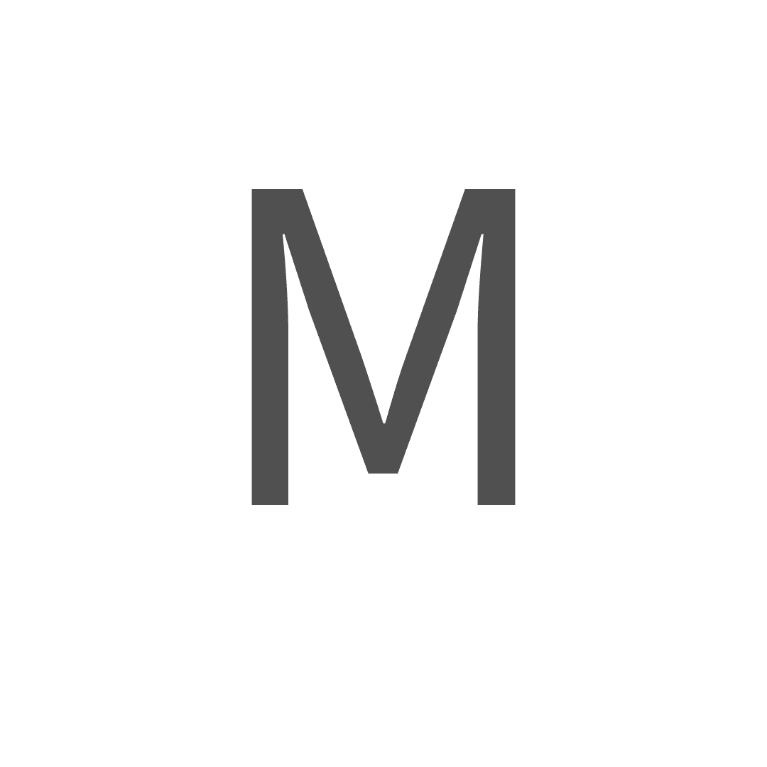 A large, dark gray capital letter M centered on a plain white background in sans-serif.